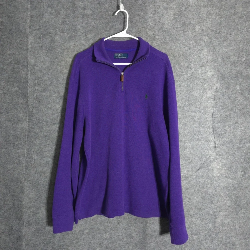 Polo Ralph Lauren Quarter Zip Mens XL Purple Green Pony Mock Neck Cotton Sweater